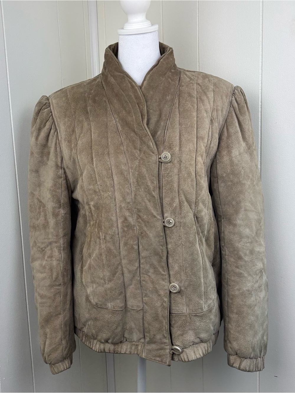 Quilted Taupe Suede Button-Front Jacket - Women
